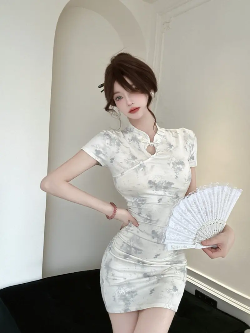 cheongsam dress mini EastFlair Women's Elegant Floral Print Button Front Split Hem Chinese Style Mini Cheongsam Qipao Dress,Burgundy Autumn Dining Wedding Guest Party Asian Dress