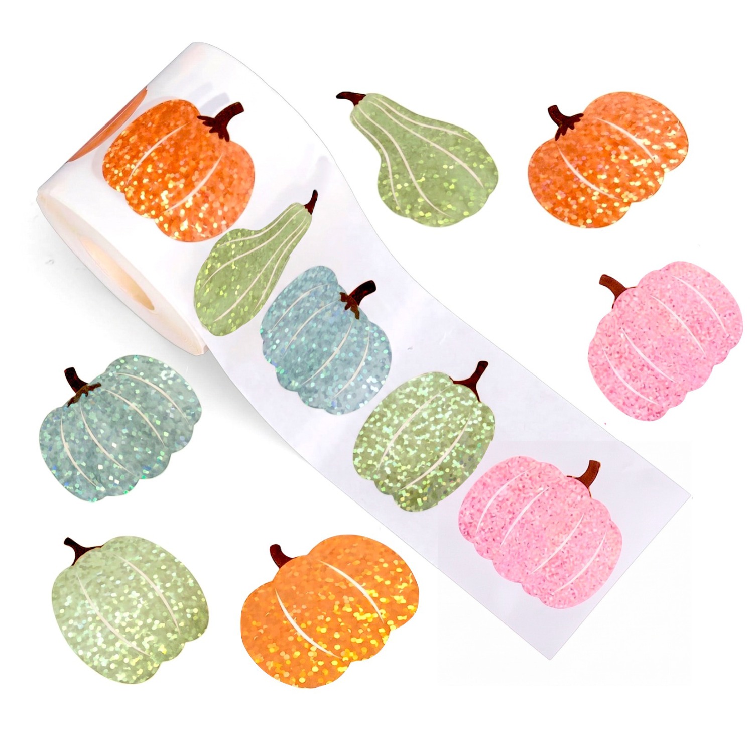 TEMU 500pcs Fall Thanksgiving Colorful Boho Pumpkin Self-adhesive Stickers Roll Laser Assorted Autumn Boho Style Pumpkin Seal Stickers Self-adhesive