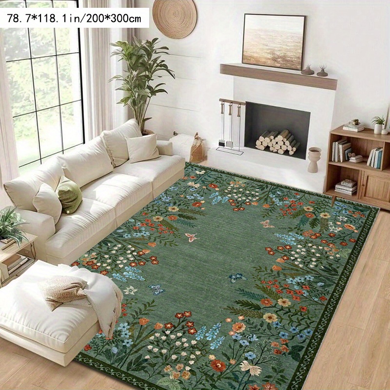 TEMU 1pc Floral Pattern Soft Plush Area Mat With Nonslip Dot Backing – With Colorful Flowers And Green Leaves – Machine Washable, Perfect For Living