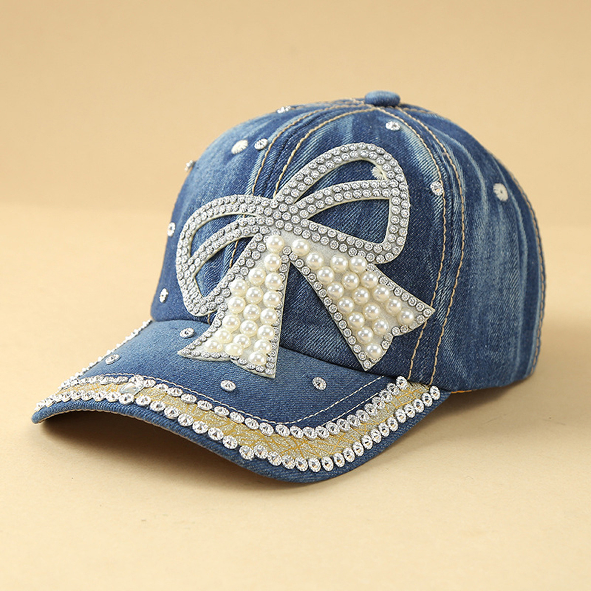 Boutique Denim Rhinestone Pearl Bow Baseball Cap Adjustable Bling Hat women baseball cap pearls rhinestones bow adjustable hat - Temu main image 3