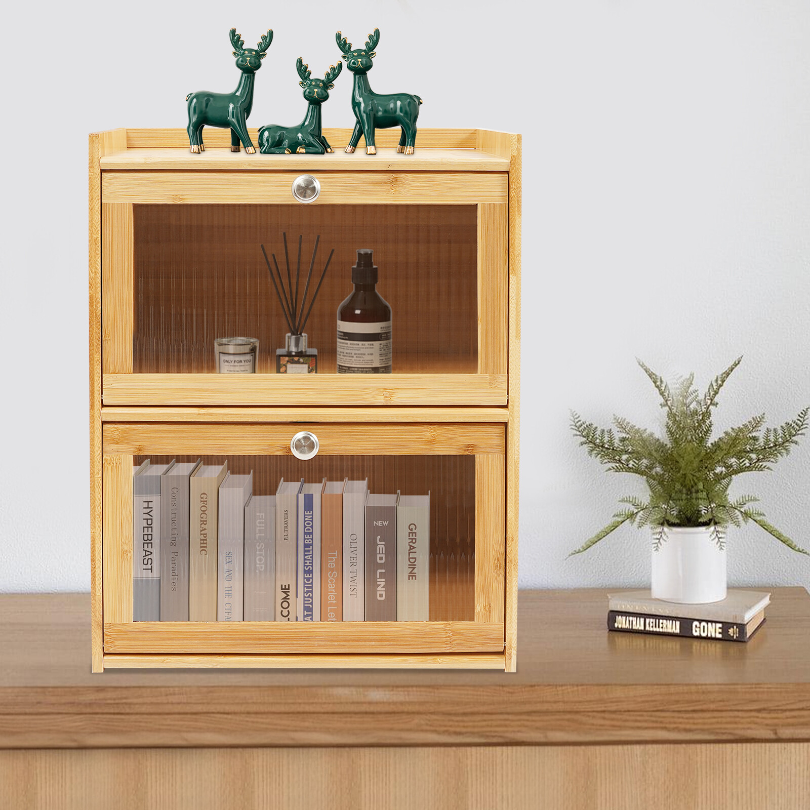 Image of 3 Tier Clear Door Storage Cabinet, Wooden Slim Organizer With Drop Front For Countertop Bookshelf, Bamboo Modern Shelf, Log Color, 15.7x11x19.7in