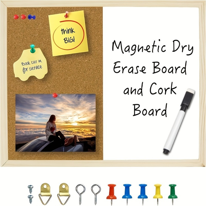 

Magnetic Dry Erase Board And Cork Bulletin Board Set, Rectangular Wooden Board, Multi-functional, With Push Pins For Home, School, Office