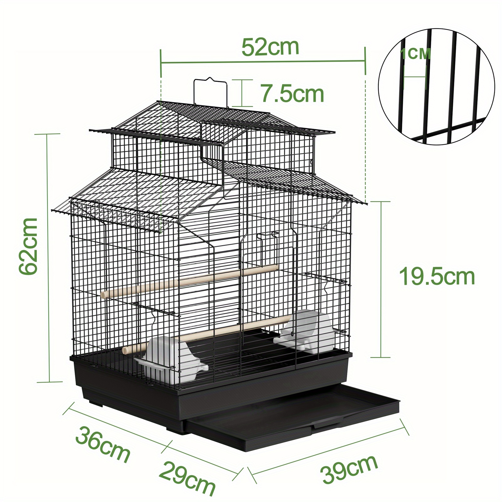 E-shop Großer Metall Vogelkäfig, Käfig mit praktischem offenen Dach, 2 Futterhäuschen, 2 Sitzstangen und abnehmbarem Futtertrog, geeignet für