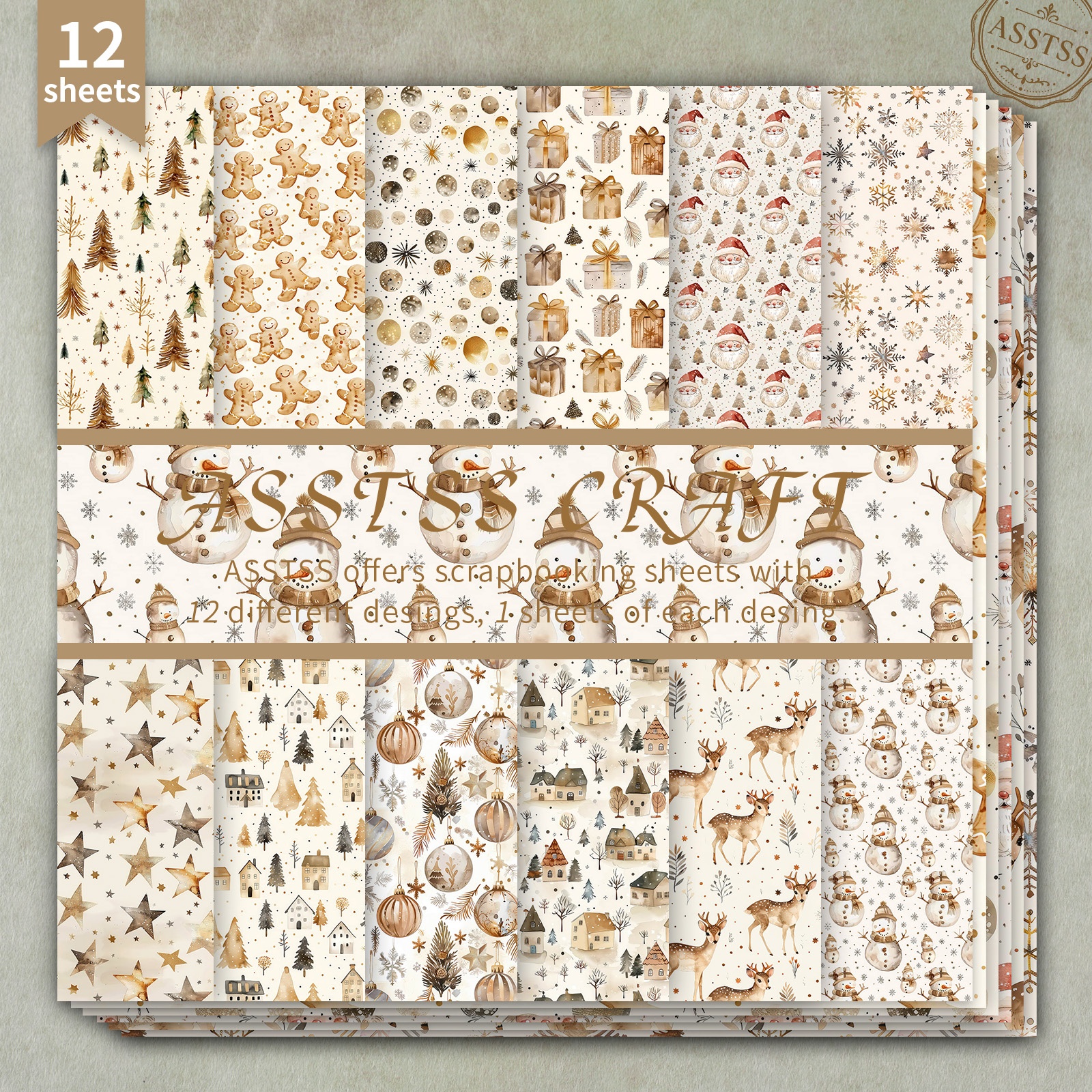 TEMU 12-sheet Asstss 6*6inch Scrapbooking Paper Pad, Christmas Light Golden Watercolor Snowman Deer Gingerbread Warm Winter Style Backing Paper