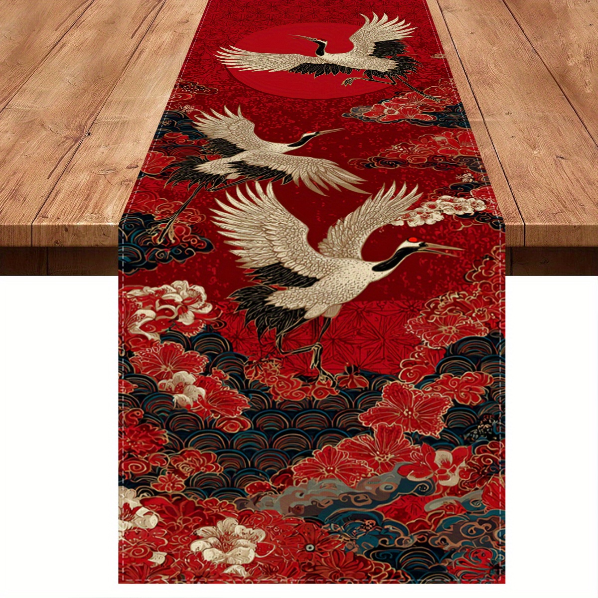 TEMU 1pc 2d Flat Crane National Runner, Red Background With Flying , Flat Printing Suitable For Dining Room Landscape Area, Chinese Mid-autumn