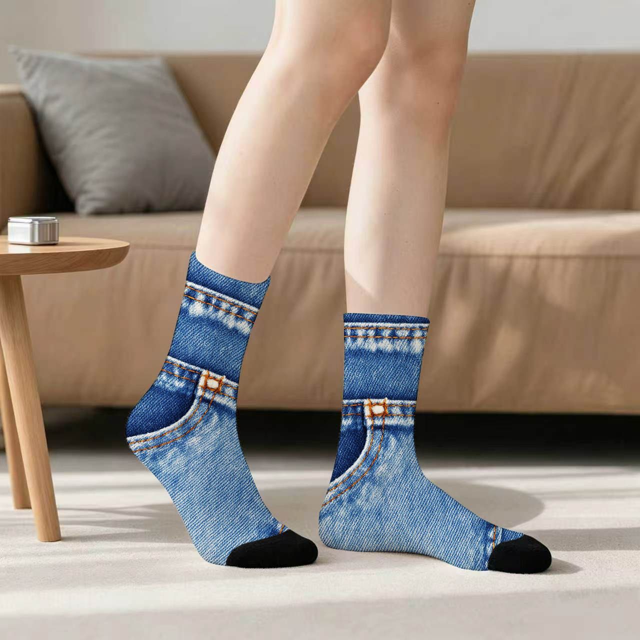 TEMU Unisex Novelty Denim Print Socks. Features A Realistic Blue Jeans Visual Design Stretchy, Breathable, And Soft Fabric Ensures . Durable,