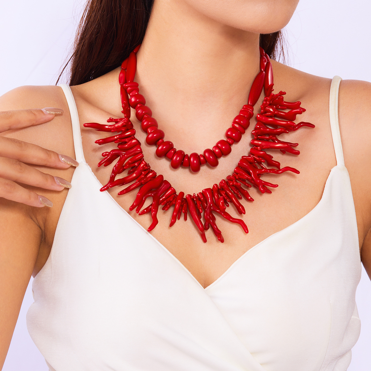 2pcs Red Coral Irregular Geometric Oval Bamboo Body Necklace