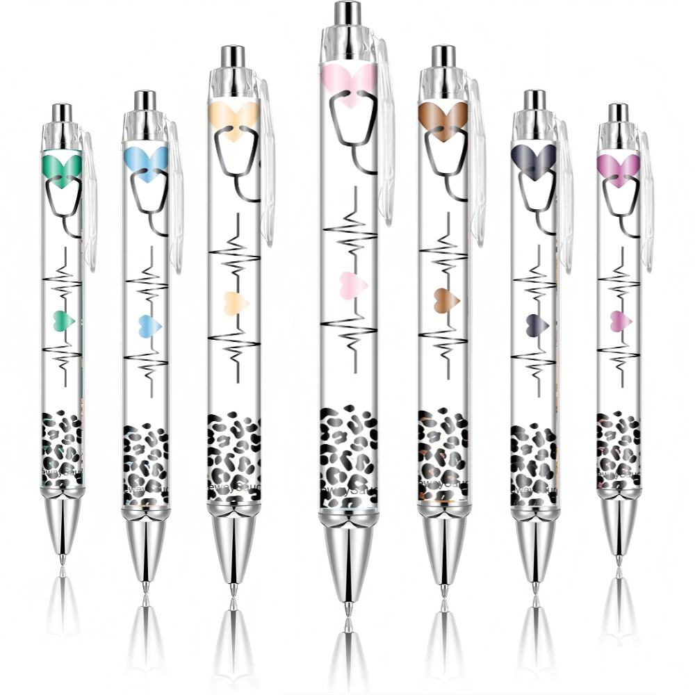 Image of 7pcs Nurse Stethoscope Leopard Print Ballpoint Ballpoint Pens, Black Ink - Suitable For Office, Party And Gifting, , Home Office Desktop Stationery