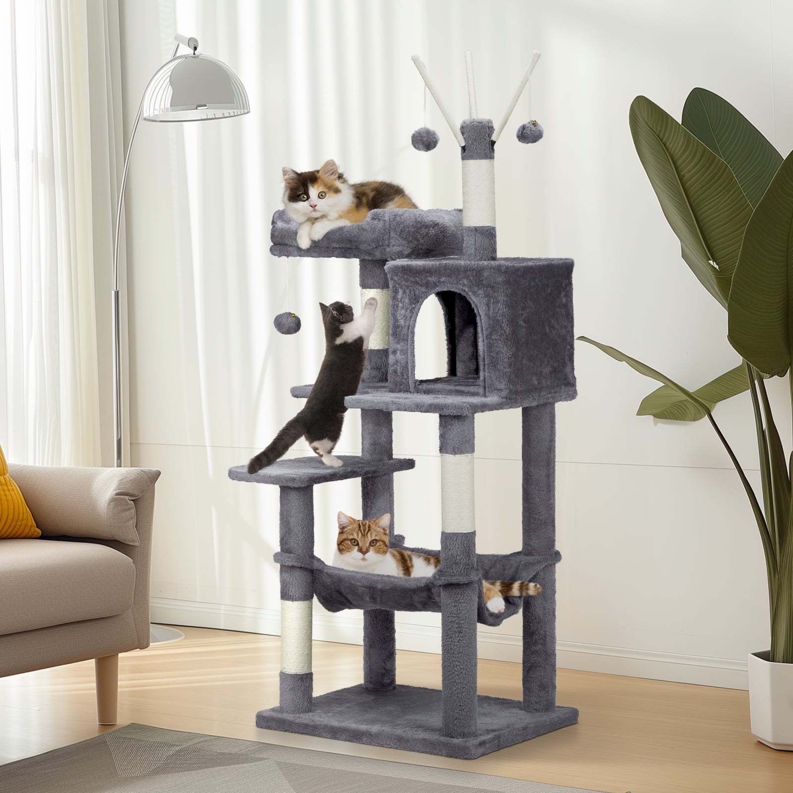 149cm Multi-level Cat Tree, Large Cat Tower With Scratching Posts, Hammock, House, For Indoor Cats And Kittens, Gray
