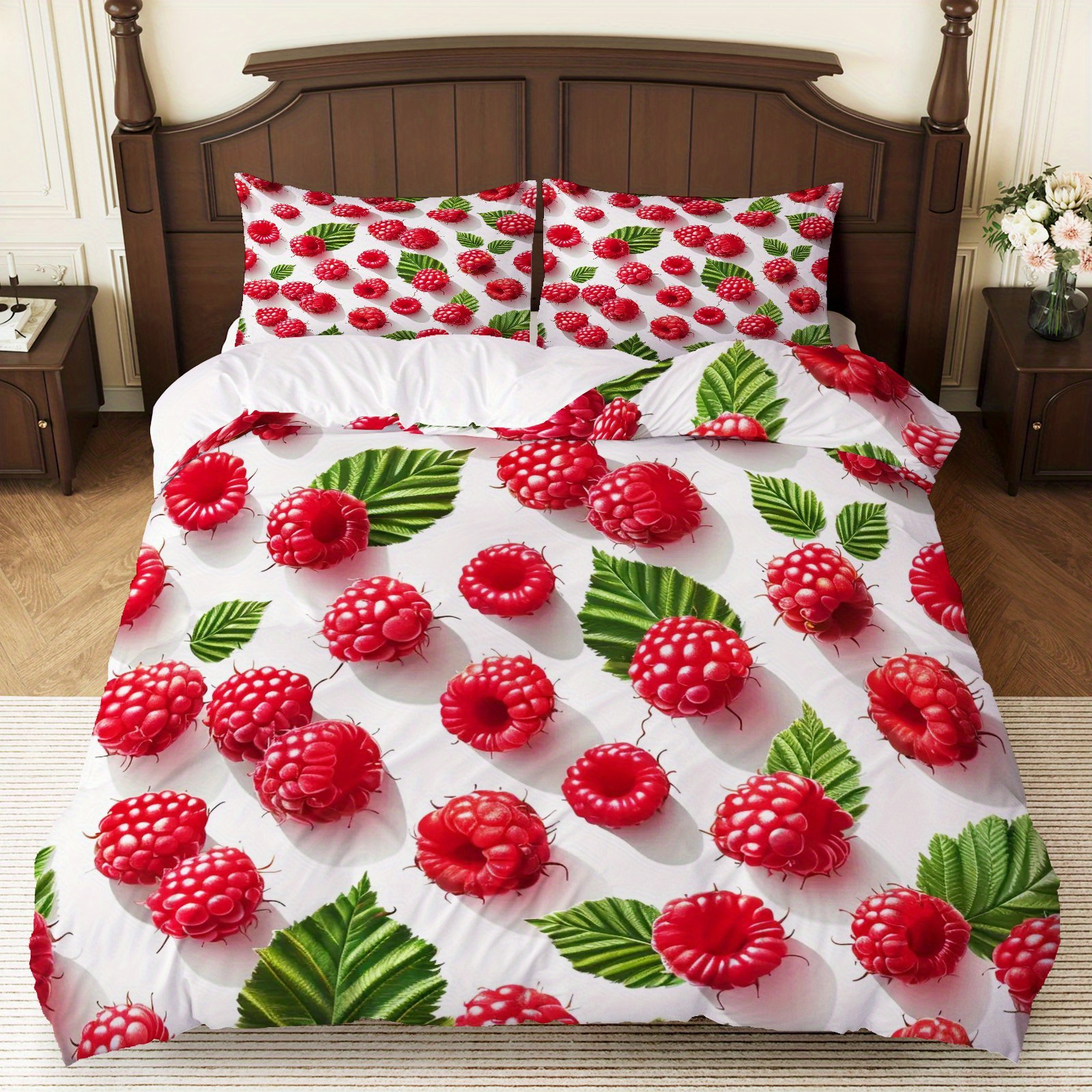 TEMU 3pcs Raspberries And Green Bedding Set - 1 Duvet Cover + 2 Pillowcases, Polyester, Machine Washable, Zipper Closure, , Summer Gatherings And