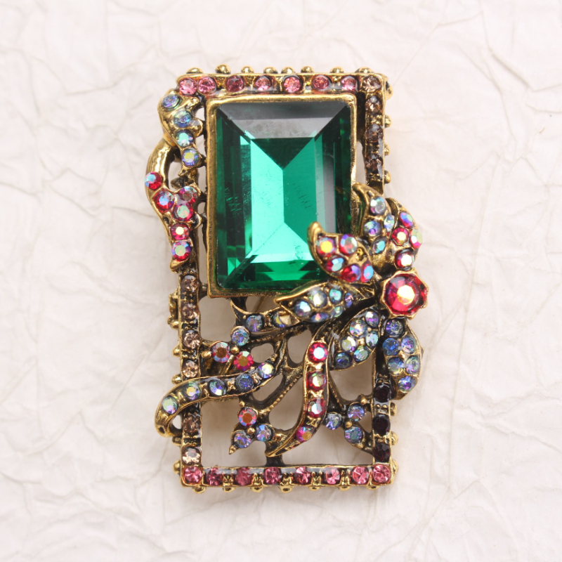 Statement Brooch with Green Multicolored AB Rhinestones