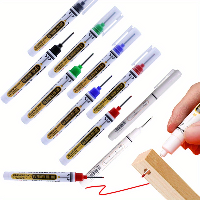 6PCS Long Head Deep Hole Marker Pens - 30mm Nib For Woodworking, Metal, Hardware (Red, Blue, Black)