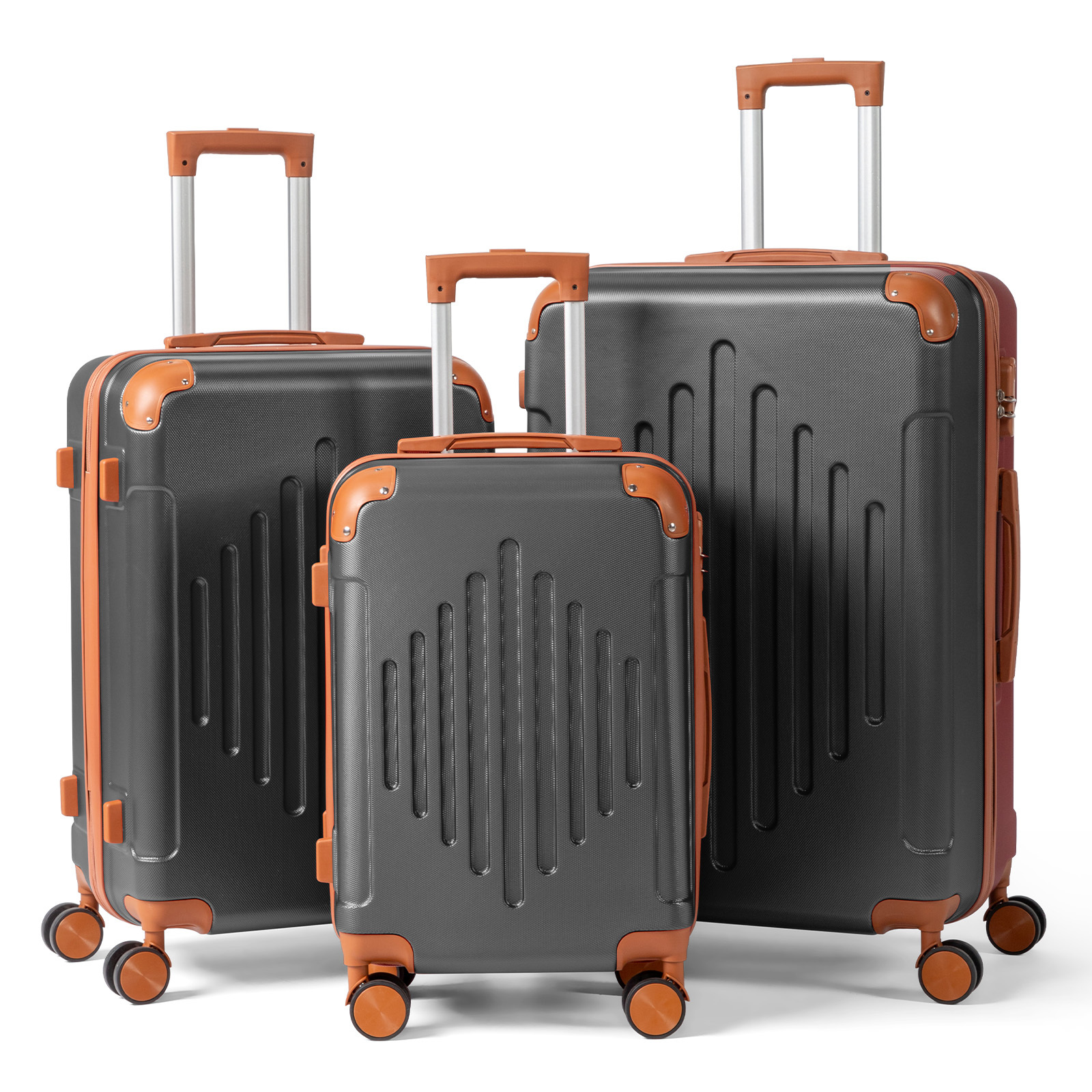 Image of Luggage Sets, Durable Hard Shell 3pcs Set Suitcase With Spinner Wheels, Hardside Lightweight Luggage Set, Large Travel Luggage Set (20" 24" 28"), Dark Purple With Brown