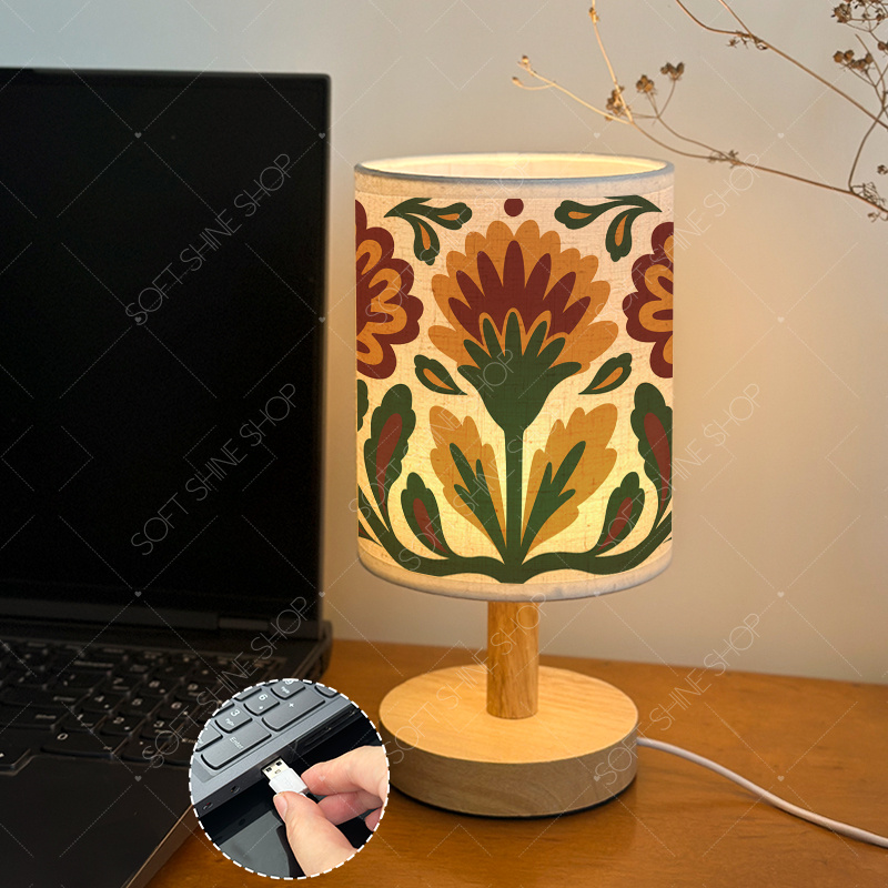 Printed Table Lamp with Fabric Shade, USB-Powered