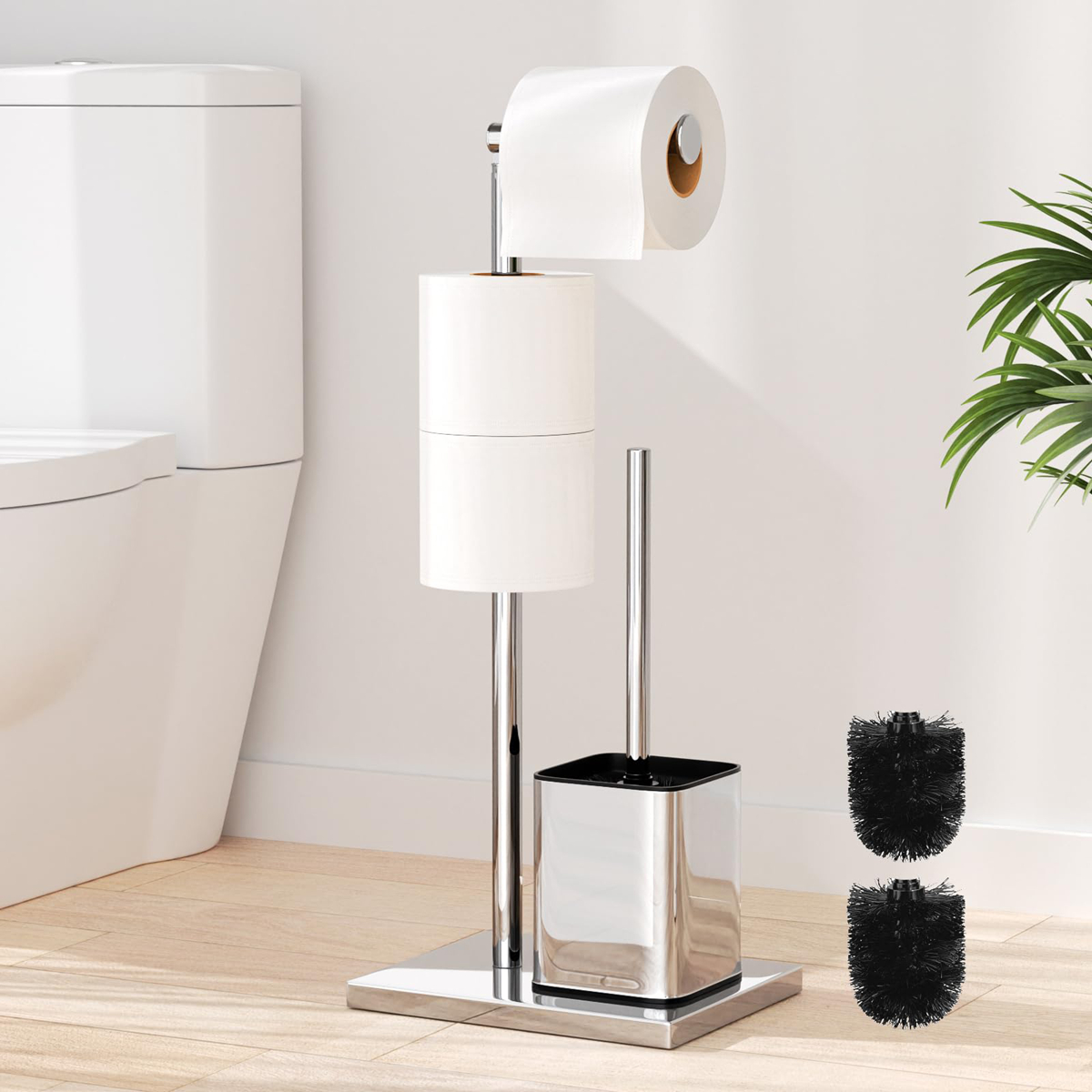 Stainless Steel Toilet Paper Holder With Toilet Brushes Fixed Weighted Base Stable Structure