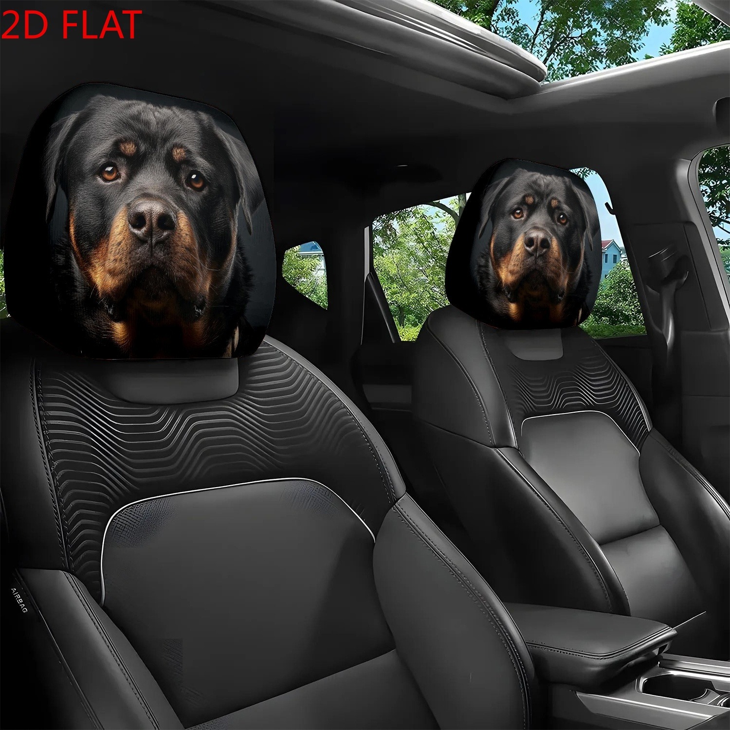 TEMU 2pcs 2d Flat Rottweiler Deep Gaze Print Car Headrest Covers, Cool Seat Accessory Protectors, No Filling, Easy To Clean, Suitable For Daily
