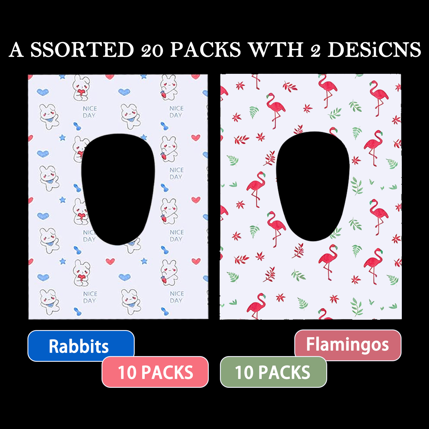 TEMU 20pcs Disposable Toilet Seat Covers - Cute Rabbit And Flamingo Designs, Individually Packaged, Portable Toilet Cushion Covers, Adhesive Toilet