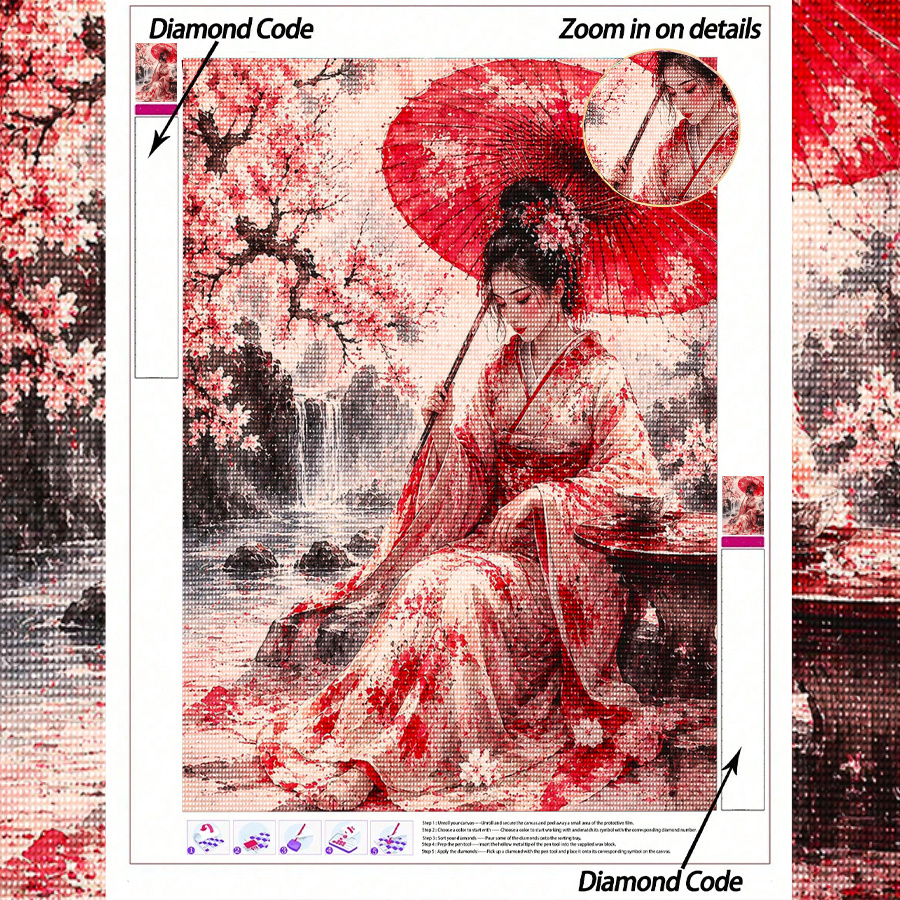 TEMU 1pc 5d Diamond Painting Kit, Ancient Style Cherry Kimono Beauty Theme, Complete Round Drilled Art Set, Suitable For Beginners And Craft