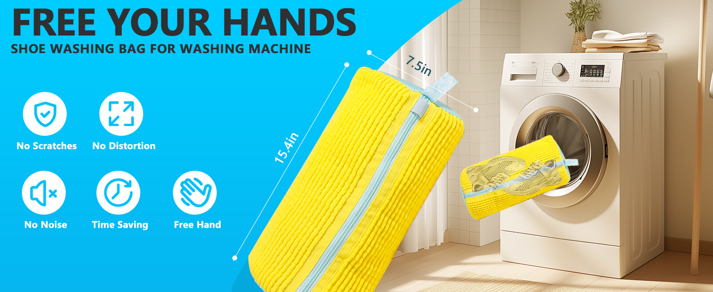 Durable Shoe Washing Machine Bag for All Shoe Types - Yellow with Blue Zipper, Protective Laundry Bag with Rich Fluff Interior, Ideal for Sneakers and Casual Shoes, Laundry Wash Bag, Laundry Bags