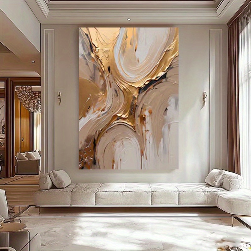 Hand-Painted Modern Abstract Oil Painting - Gray & Golden Texture Brushwork Nordic Wall Art with Wooden Frame, Textured Mural for Living Room, - Neutral Scandinavian Paintings for Home Decoration