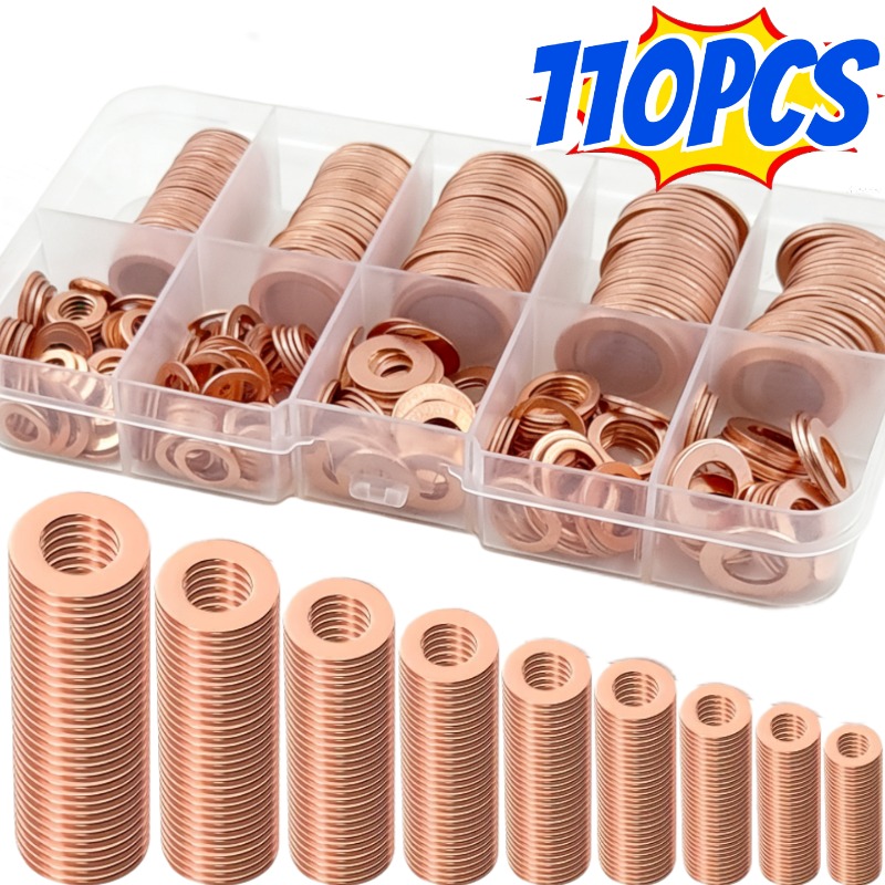 TEMU Set di rondelle piatte in rame puro per impieghi gravosi, 110 pezzi, guarnizione per tappo olio, raccordo di tenuta, strumenti nautici