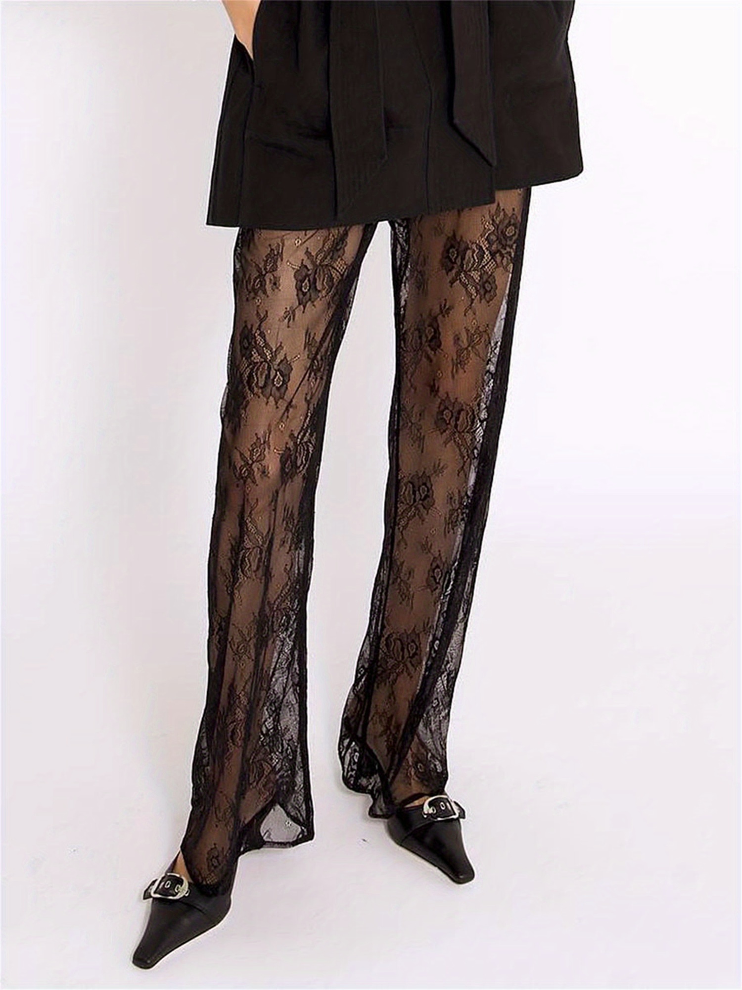 womens y2k lace pants sheer panel high waisted trousers semi