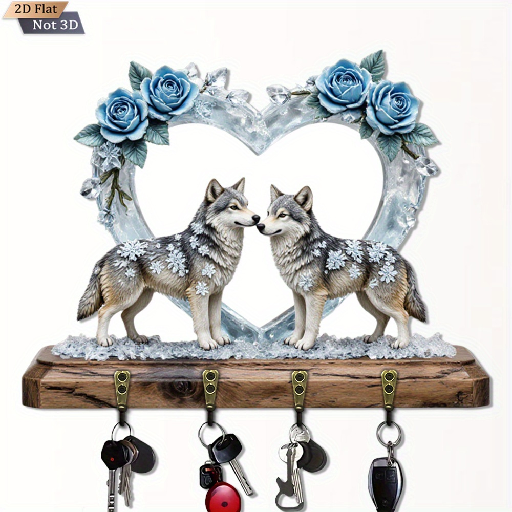 TEMU 2d Flat Wooden Winter Wolf And Heart Key Rack | Country-style Wall-mounted Storage Rack With 4 Hooks, Perfect For Home Decoration And Christmas Gifts, Wooden And Metal Structure, 2d Flat Design