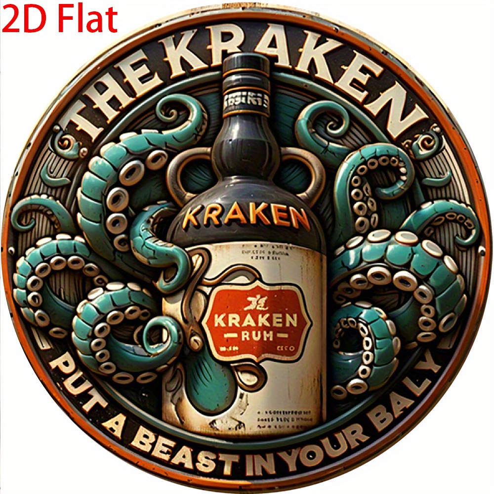 TEMU 2d Flat - 1pc 2d Flat-printed Metal Sign Featuring The Rum, Measuring 20.32x20.32 Cm. This Round Sign Showcases A Vintage Octopus And , Perfect