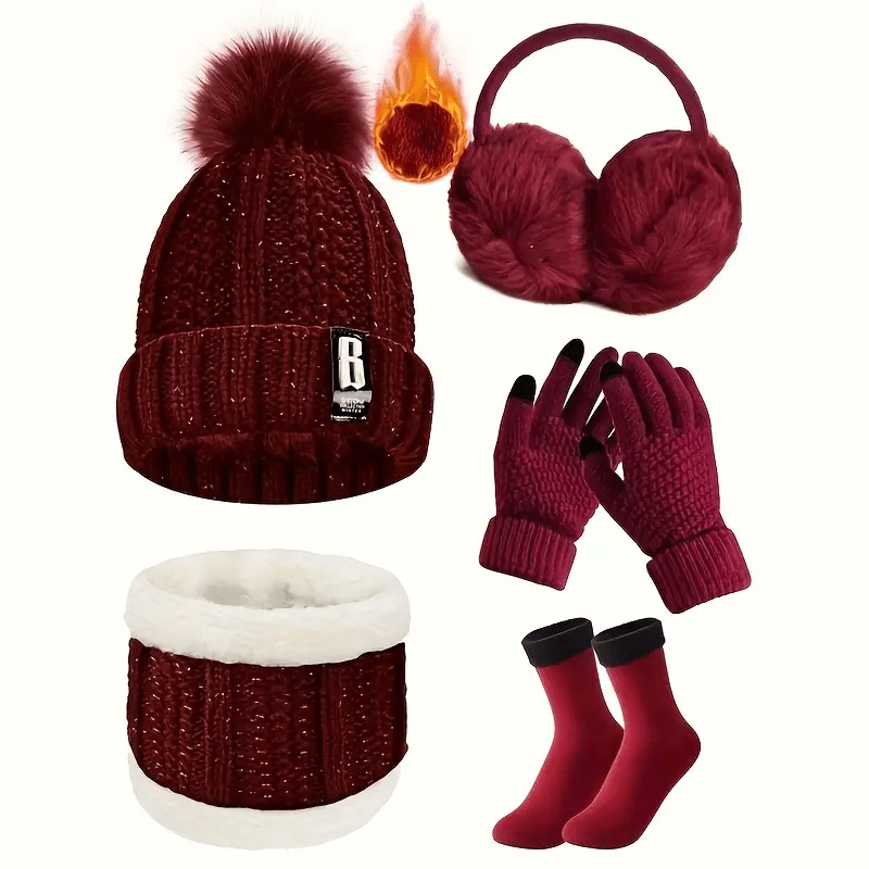 

5pcs Set, Winter Warm Hat, Glove Set, Casual Hat, Fleece Warm Hat, Autumn And Winter Cycling Cold-proof Knitted Hat