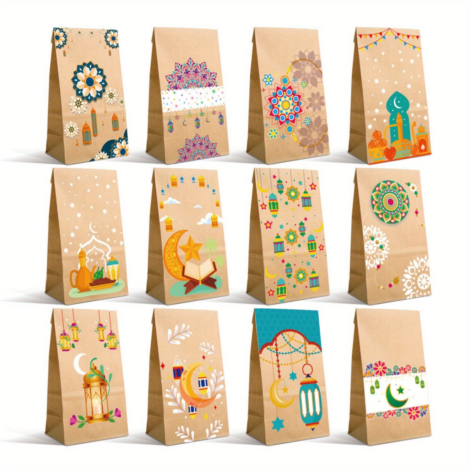 

12 Pack Ramadan Gift Bags - Reusable Handmade Paper Tote Bags With Assorted Festival Designs For Eid Celebrations & Party Supplies