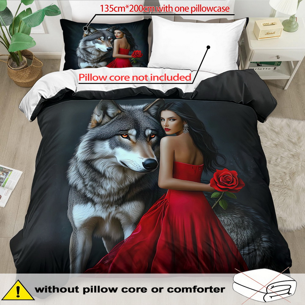 TEMU Fantasy Beauty Theme Down Comforter Cover Set - 2/3pcs, Soft Comfortable Breathable, Beauty And The Wolf Pattern Printed Bedding Set, Beauty And