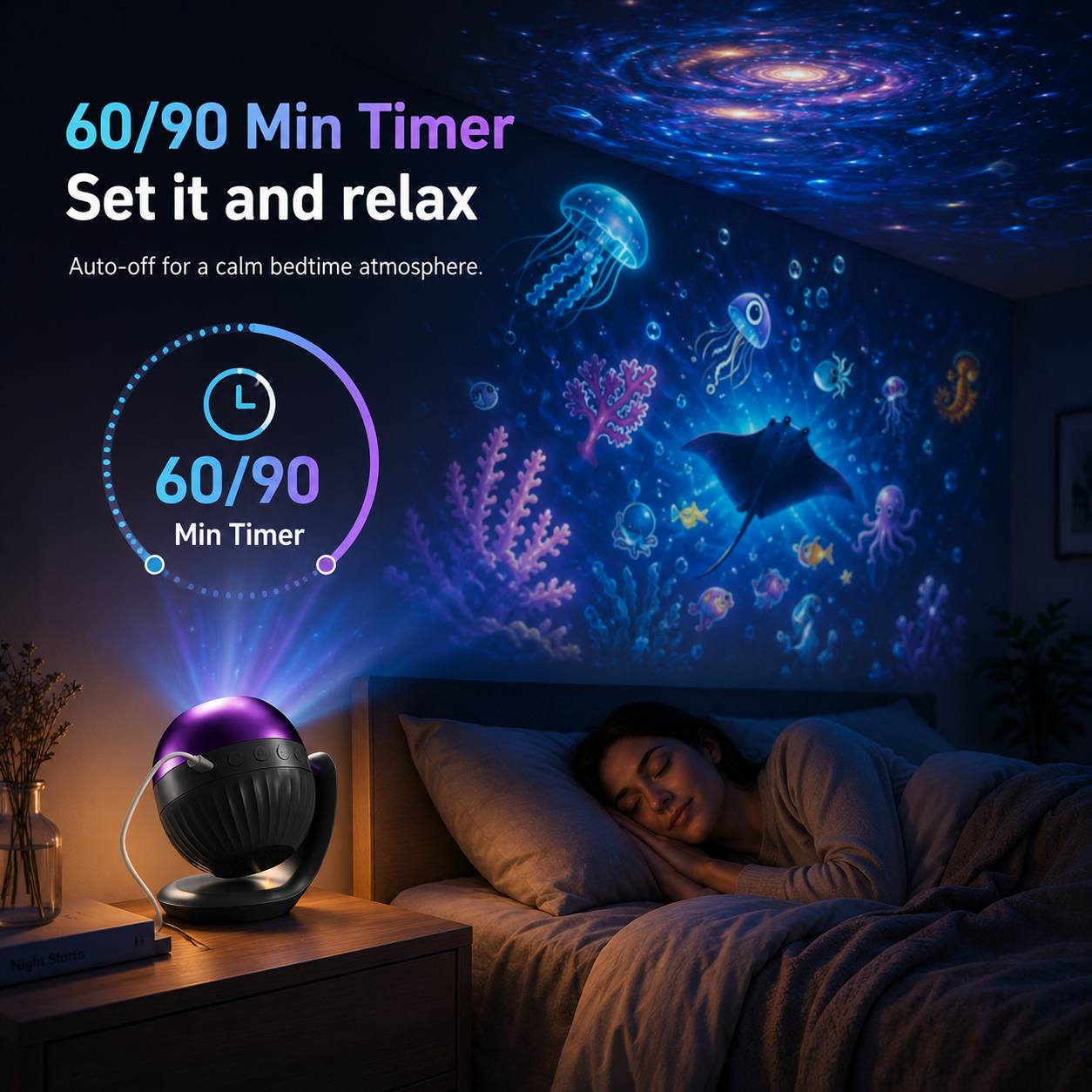 TEMU Starry Sky Ocean Projector, Wall Ceiling Dual-use Mood Light, 24pcs Replacement Projection Films, 7pcs Noise, Easy Button Rotation Starry Sky