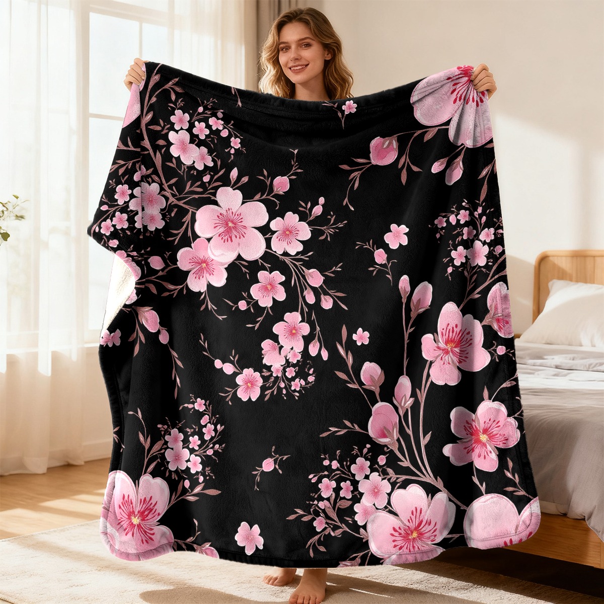 TEMU 【商品名】ソフトでライトベージュのフ。桜の模様が黒地にピンクの花柄で、モダンな技術でデザイン。洗濯機洗い可能。オール対応で、寝室での使用に最適。