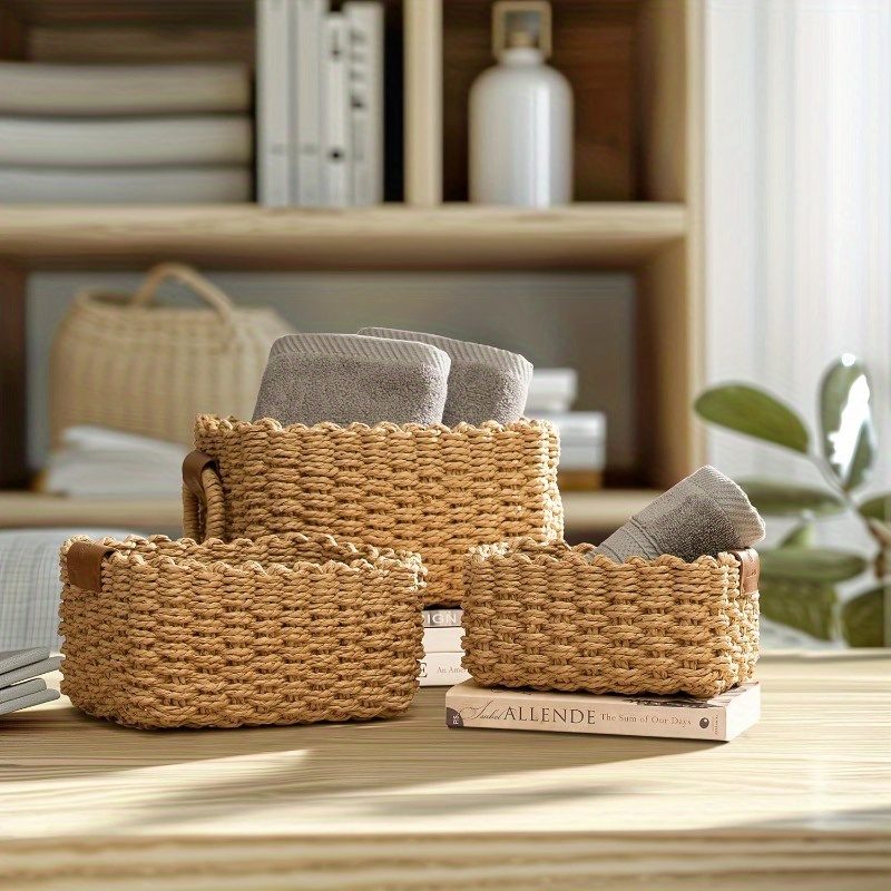 TEMU 1pc Woven Storage Basket, Paper Rope Storage Basket With Handle, Woven Basket For Organising, Decorated Cute Gift Basket, Storage Containers, Cabinet Drawers, Bedroom, Living Room, Dormitory