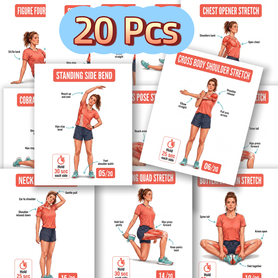 TEMU 20 Full-body Stretching Reference Cards, Fitness Stretching Postcards, Home Workout And Relaxation Training Charts, Gym Exercise Learning