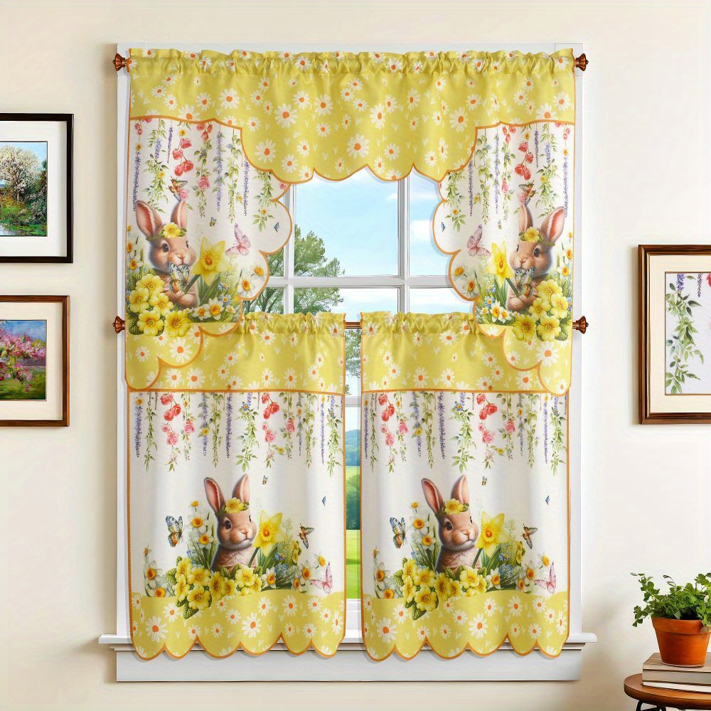 Image of Easter Bunny & Rooster 3pcs Kitchen Curtain Set - Festive Animal Print, Rod For Easy Hanging, Perfect For Living Room, Bedroom, Bathroom Decor