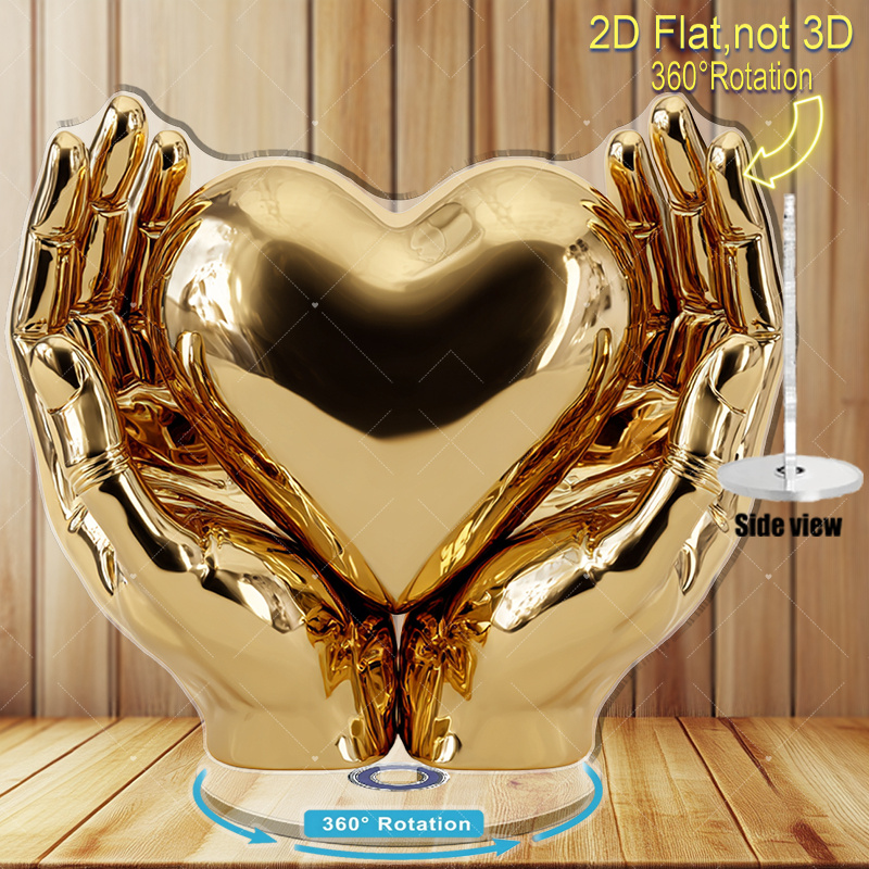 TEMU Statue plate 2D en acrylique rotative - Base rotative à 360° avec main dorée et symbole de cœur, cadeau élégant et d'unité, convient //le