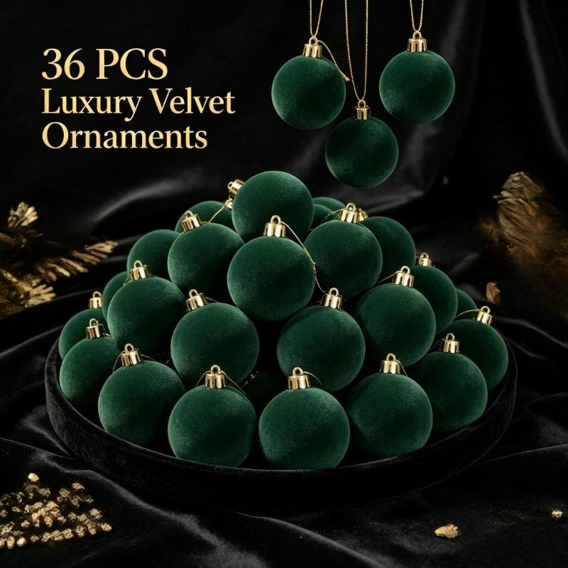 TEMU 36pcs Grande Combinaison de Boules de Noël en Peluche Vert Foncé de 5 cm, Ensemble Premium, avec Gland Doré et Corde de Suspension, Ornements de