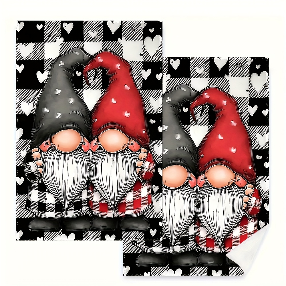 TEMU 2 Strofinacci e Panni da Cucina Grandi - Design di Gnomi, Motivo Cappello e Cuore - per Pulizia in Poliestere per Uso , per Lavare , Cottura ,