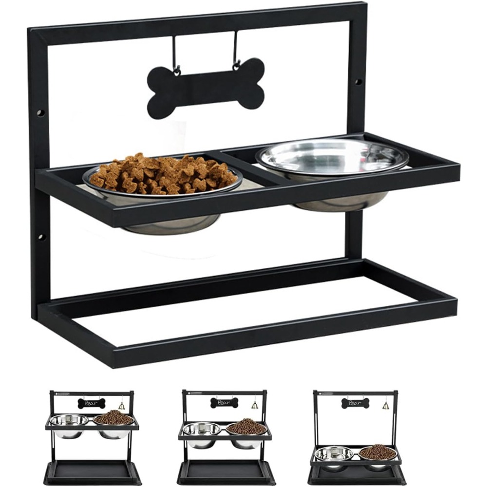 Sturdy Dog Bowl Stand With 3 Adjustable Ranging From 3. 6.9 Inches, Includes 2 20cm Stainless Steel Bowls, Designed For Medium To Large Dogs, Easy To Assemble, Finished In Black