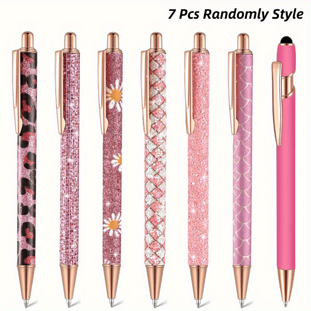 Image of 7pcs Random Style Ballpoint Pens, Comfortable Writing Metal Retractable Pretty Journaling Black Medium Point Gift Pens For Office Back To School Gifts For Teacher Office Wedding Graduation Supplies