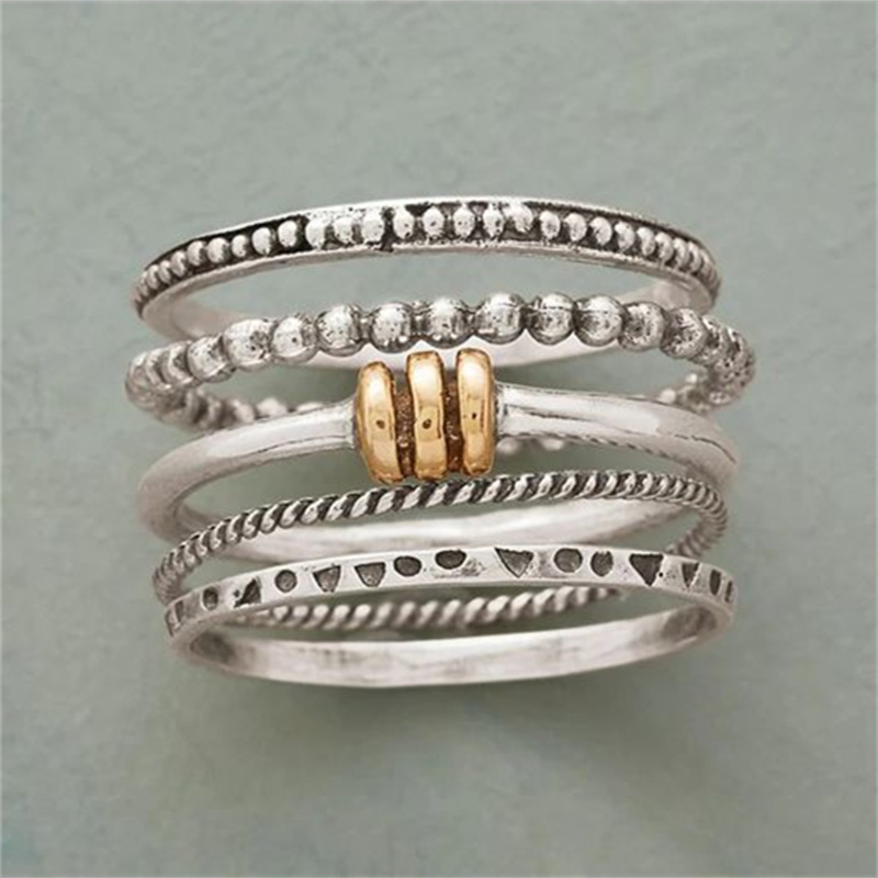 5pcs Trendy Hand Carved Geometry Women's Ring Set