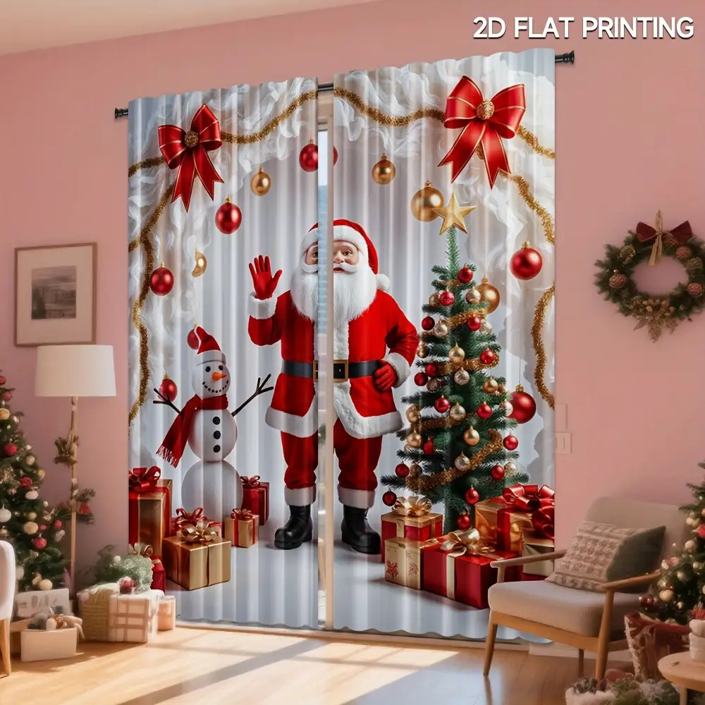 TEMU 2d Flat - 2d Flat - 2pcss [2d Flat Printing] 2pcs Set Of Christmas Curtains - Santa Claus And Snowman Printed Holiday Decor, Red And Golden,