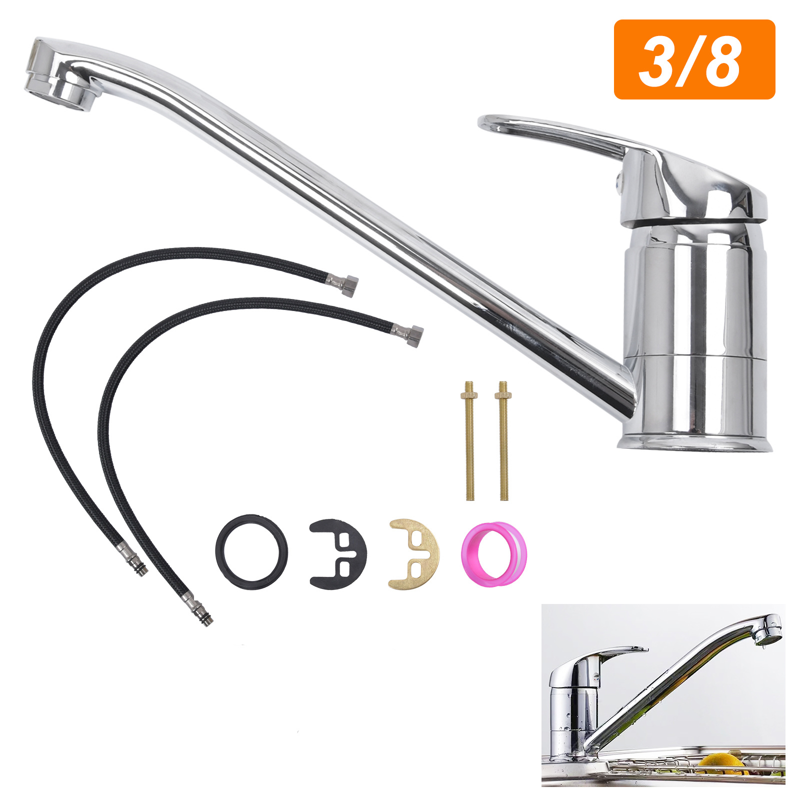 Kitchen Mixer Tap Single Lever Sink Faucet | 360° Long Swivel Spout, Chrome End, Ceramic Valve Core, European G3/8, Includes Multiple Components