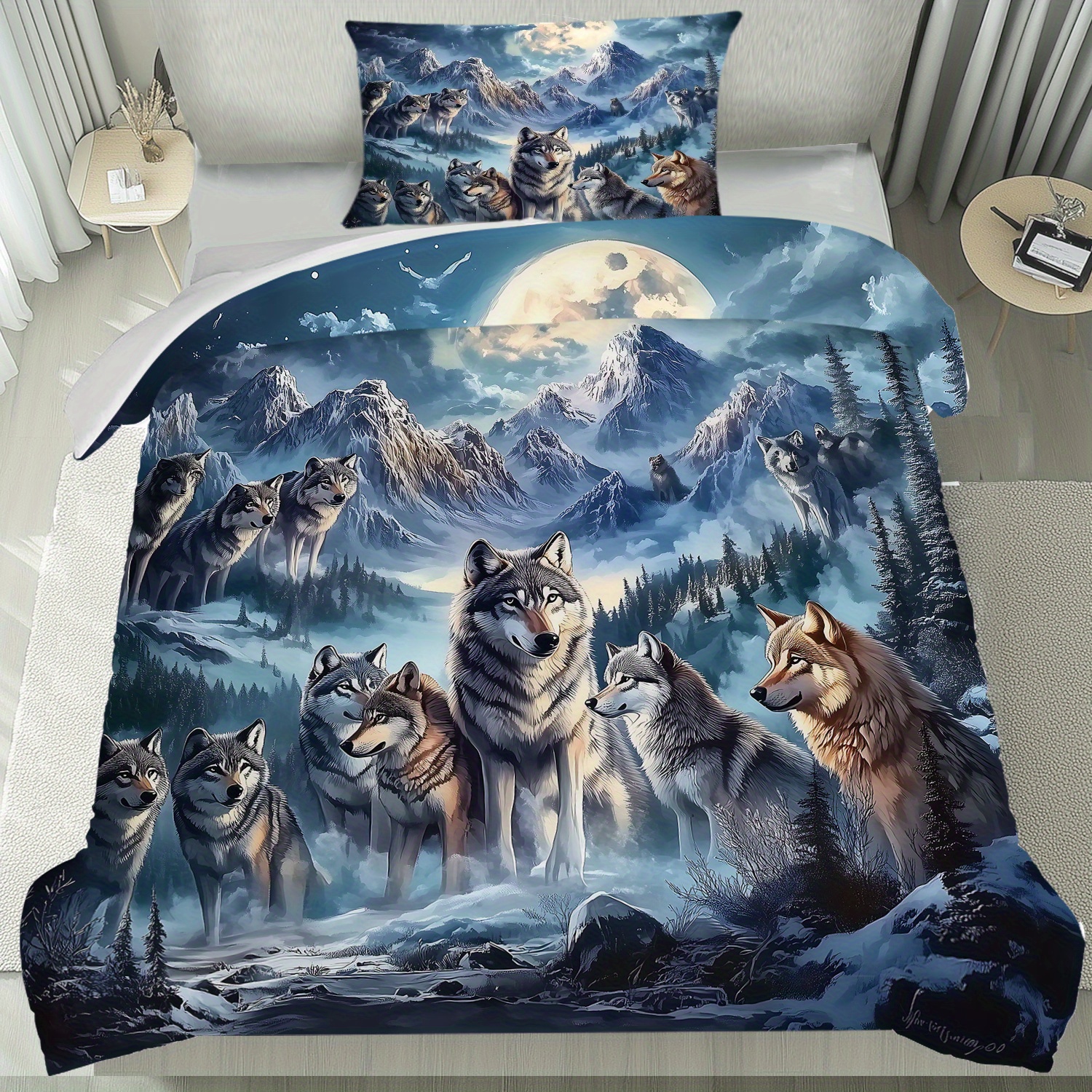 TEMU Set mit 2/3 Teilen mit einem Design von Wölfen auf einem schneebedeckten Berg, bestehend aus 1 Bettbezug und 2 Kissenbezügen. Diese Bettwäsche