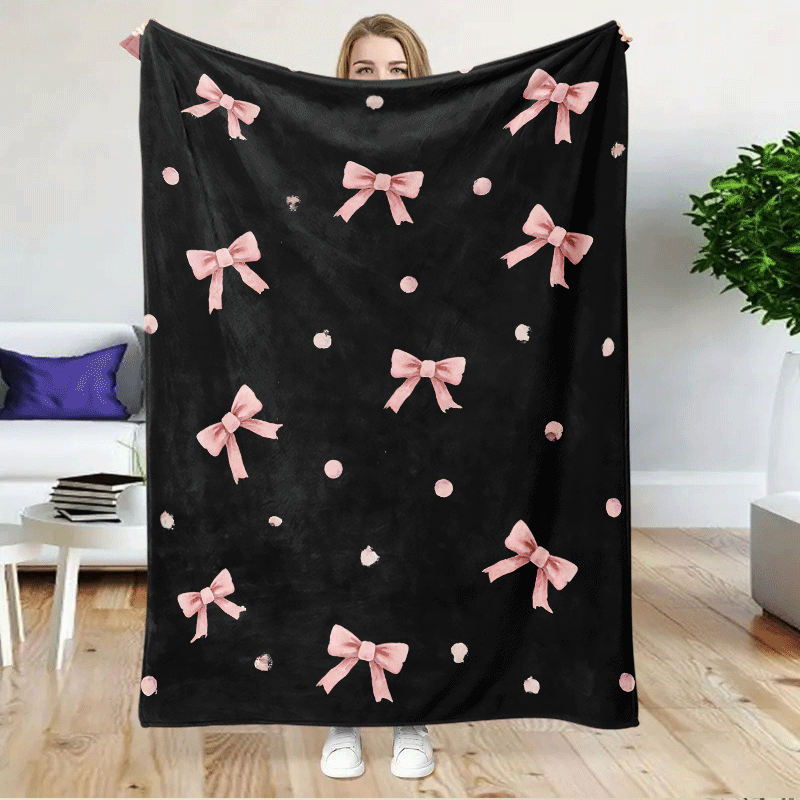 TEMU 1pc, Sweet Pink Bow Print Flannel Blanket, Single-sided Print, Suitable For Camping, Travel, Car, And Office , Use, A Thoughtful Gift For , Easy