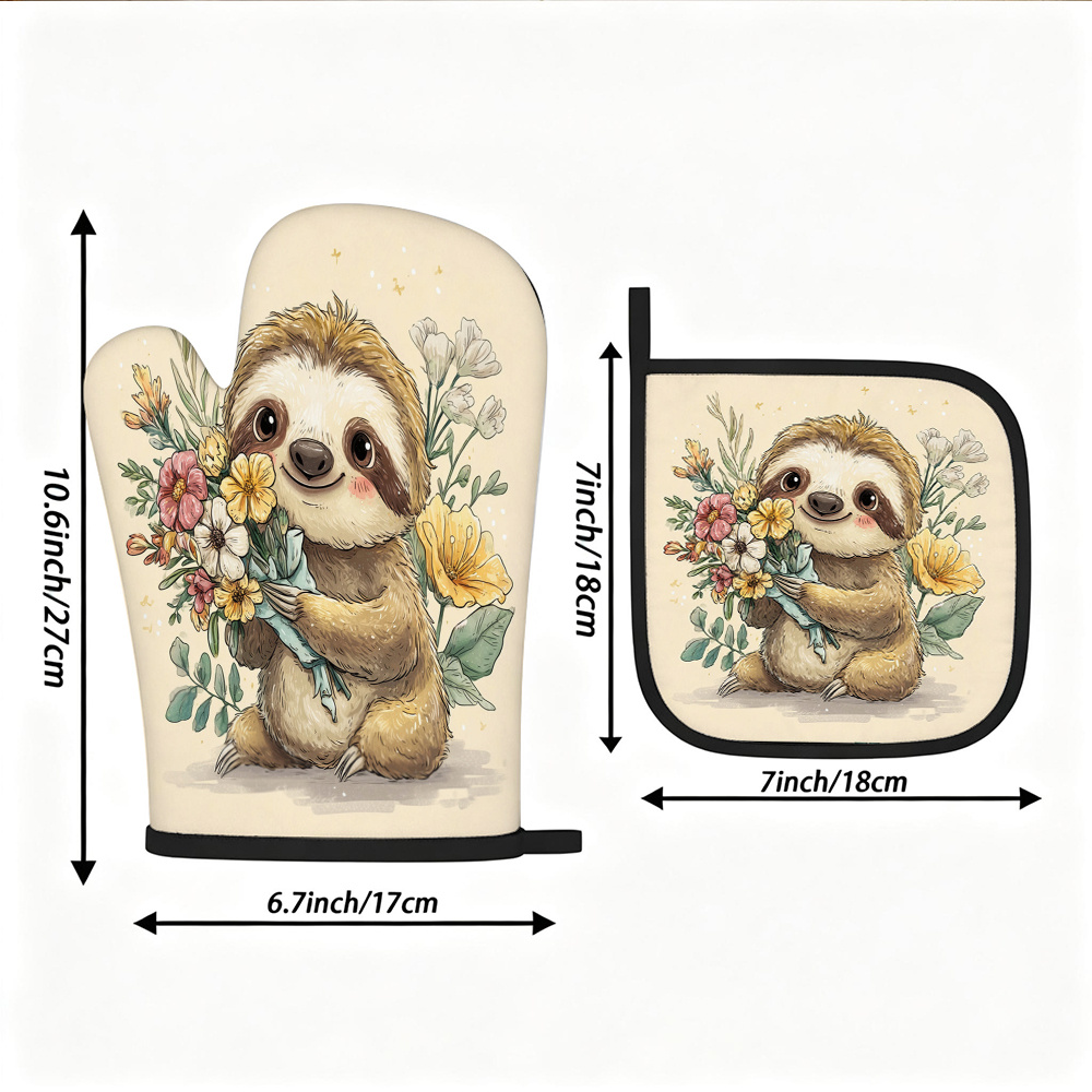TEMU Sloth-themed Oven Mitt & Pot Holder Set - Heat-resistant Non-slip Kitchen With Adorable Sloth Holding Bouquet Watercolor, Light Beige & Black