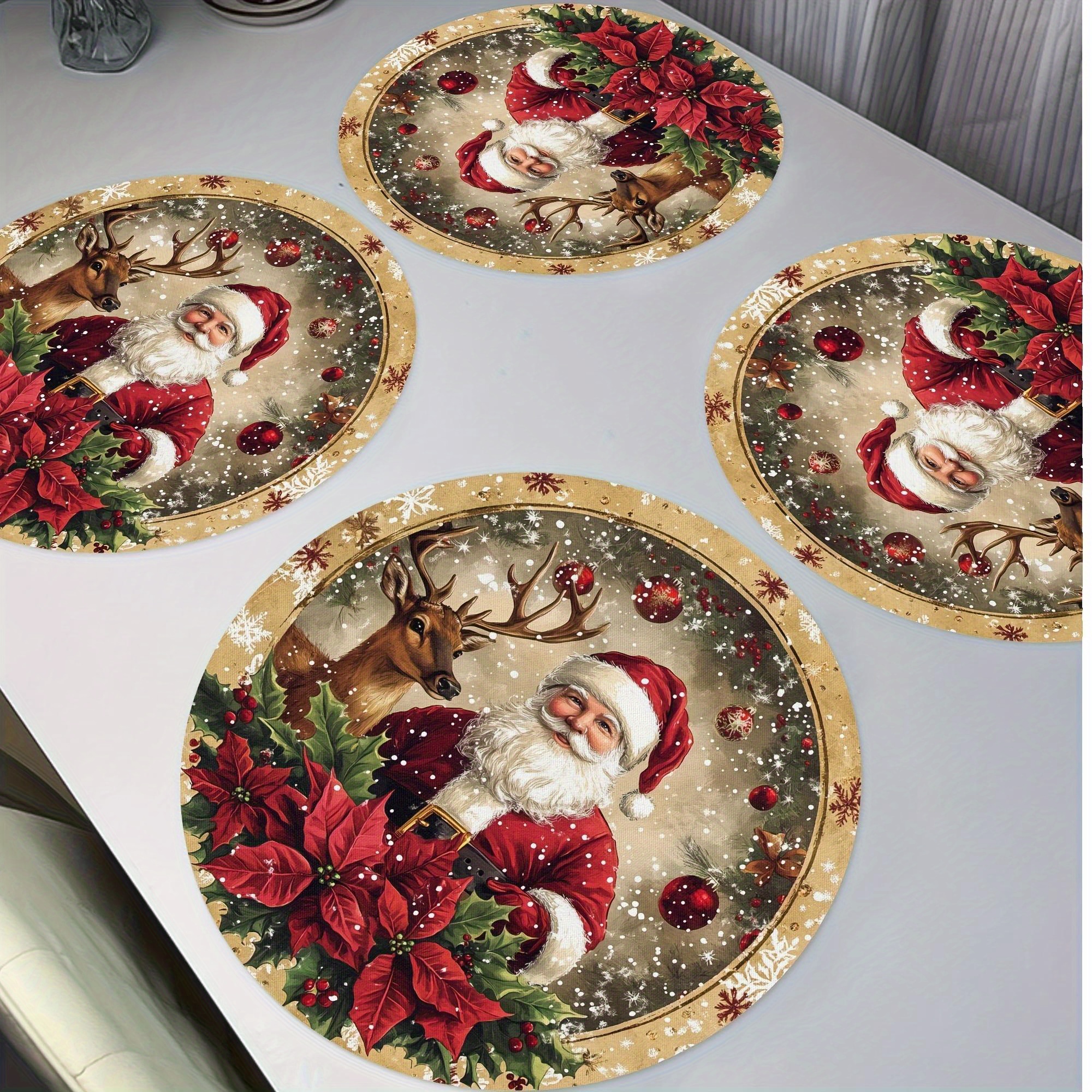 TEMU 4-delige set kerstthema ronde houten onderzetters, met ontwerpen van Kerstman, rendier en kornoelje, antislip, geschikt voor eettafels