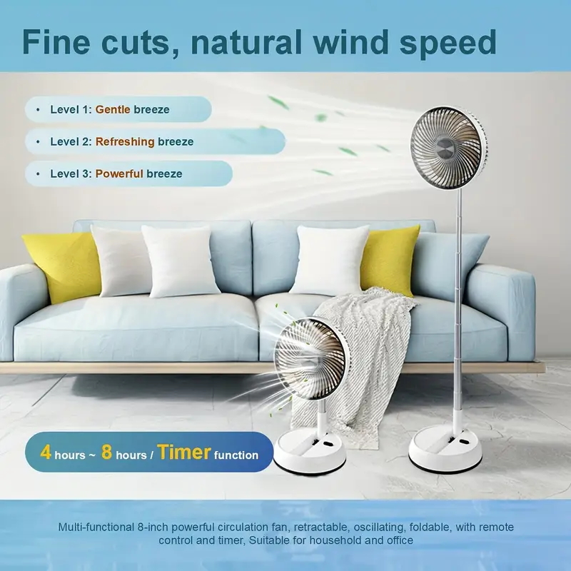 Foldable Rechargeable Oscillating Fan 20.32cm 7200Mah Battery Operated Small Fan, Quiet Table Standing Pedestal Fans for Bedroom Office Camping Travel (White Body And Black Front Grille)