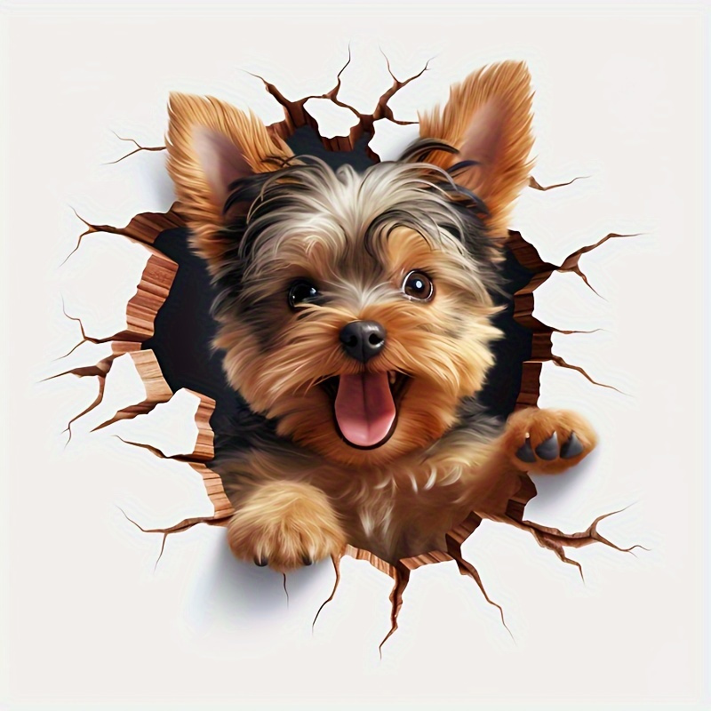 Image of 1pc Yorkshire Terrier Cracked Hole Wall Sticker - Puppy Design, Ideal For Laptops, Cars, And Gifts, Durable Pe Material, Car Sticker|vibrant Sticker Design|realistic Fur Texture